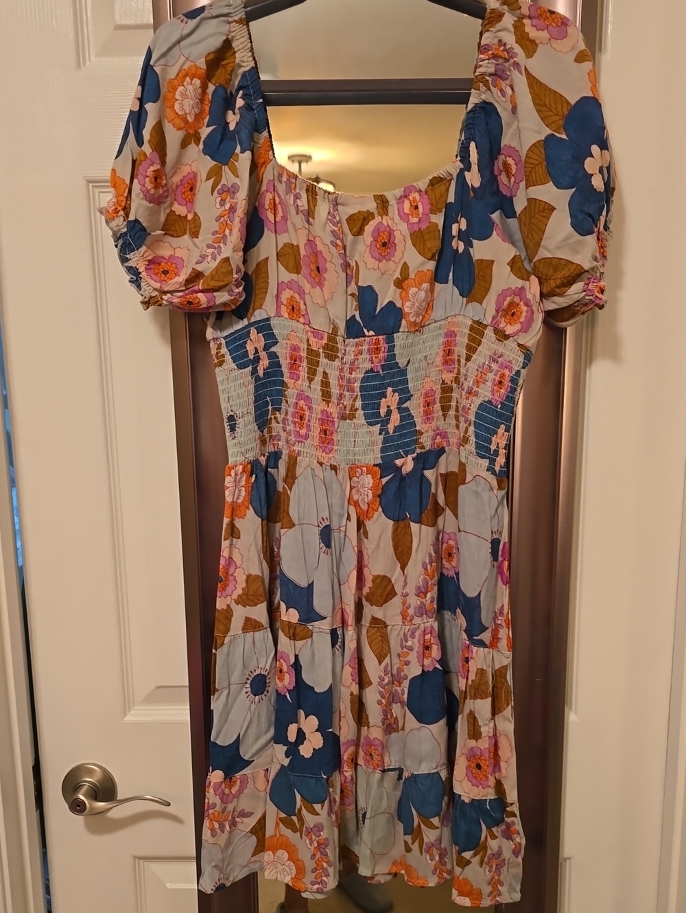 Floral Puff Sleeve Tiered Dress - Blue, Pink & Brown - Picture 5 of 6